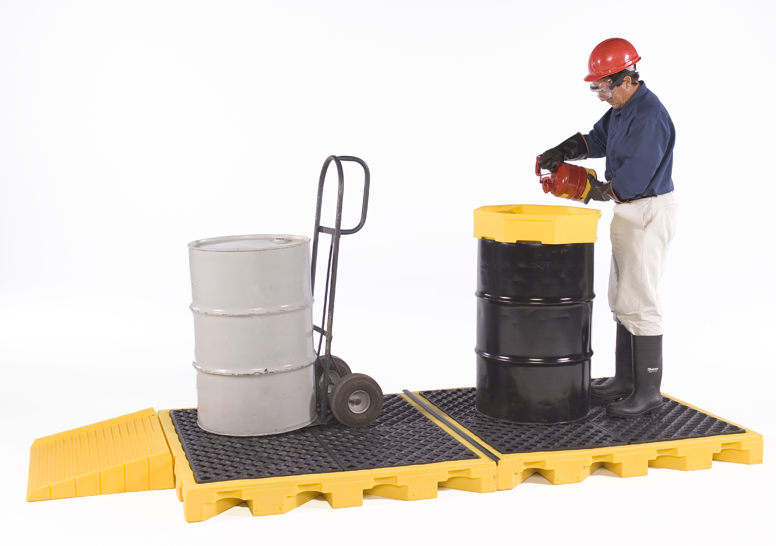 Drums can be loaded and safely stored on spill pallets until needed.
